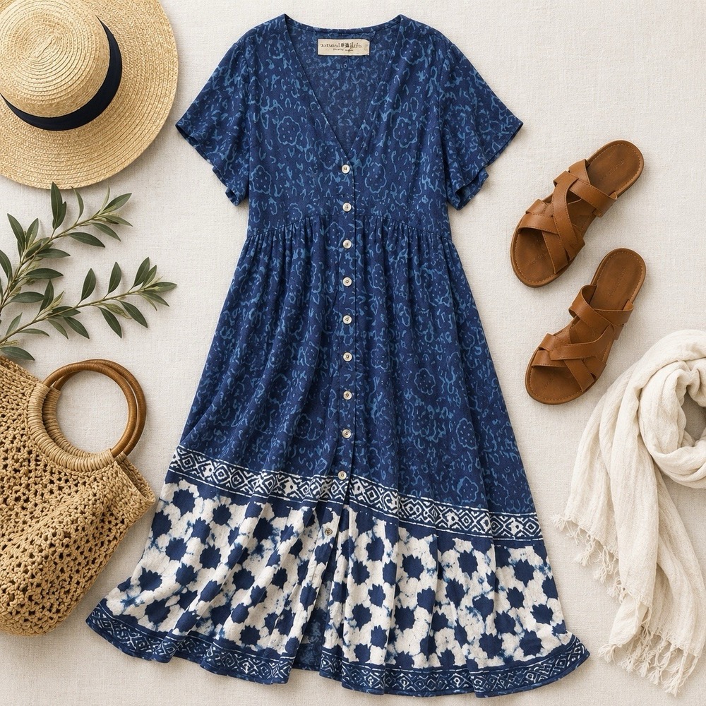 Natural Life Maxi Dress Sz L Navy Button Down Boho Cottagecore Resort